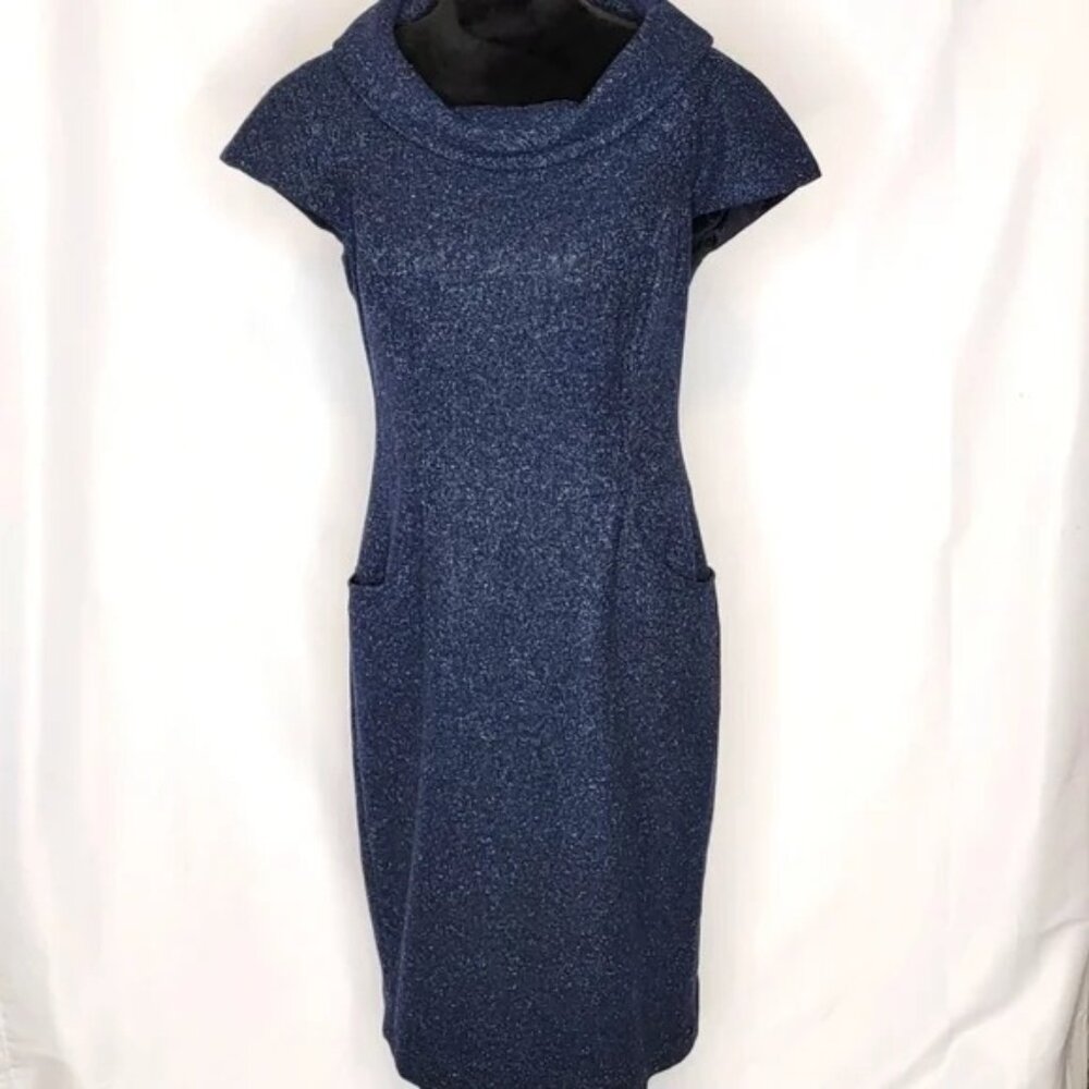 Lafayette 148 NY Blue Tweed Cowl Neck Midi Dress With Pockets Size 8